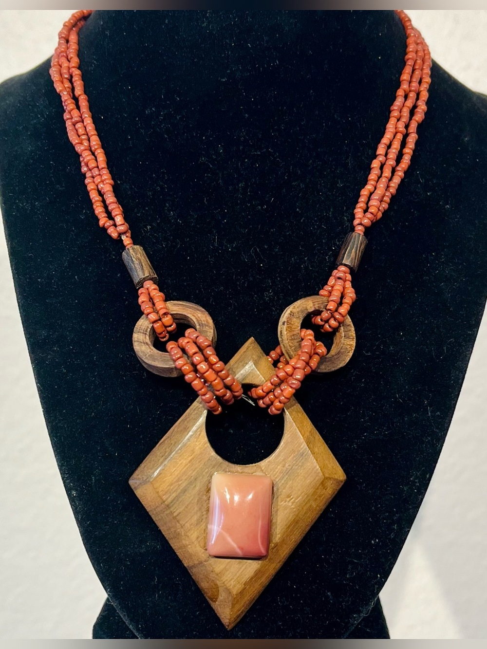 Vintage Brown Beaded Wood Pendant Necklace